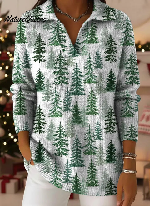 Christmas Tree Print Lapel Casual Knit Sweater