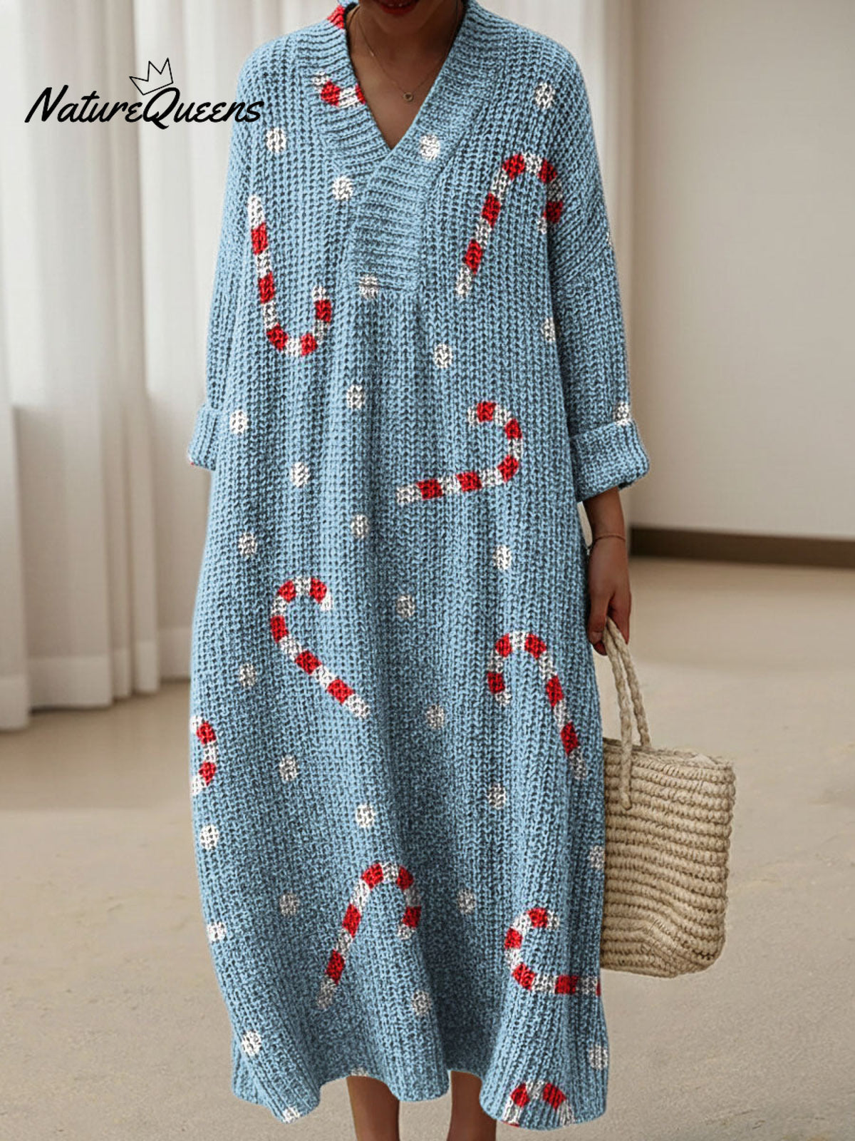 Christmas Candy Cane Decorations Women's Casual V-collar Long Sleeve Dress