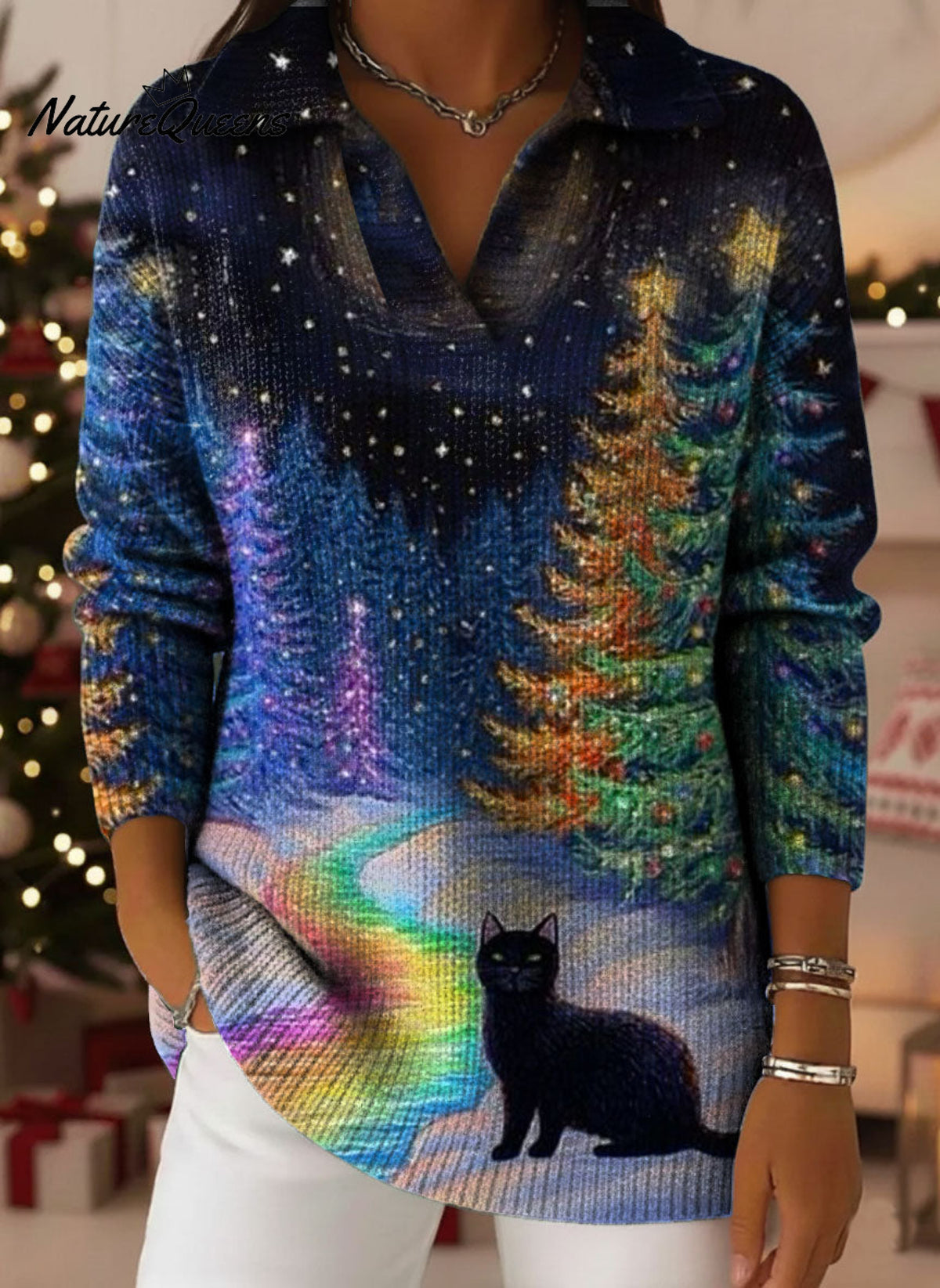 Neon Lights Christmas Tree Cat Aurora Art Pattern Polo Collar Shiny Loose Sweater Top