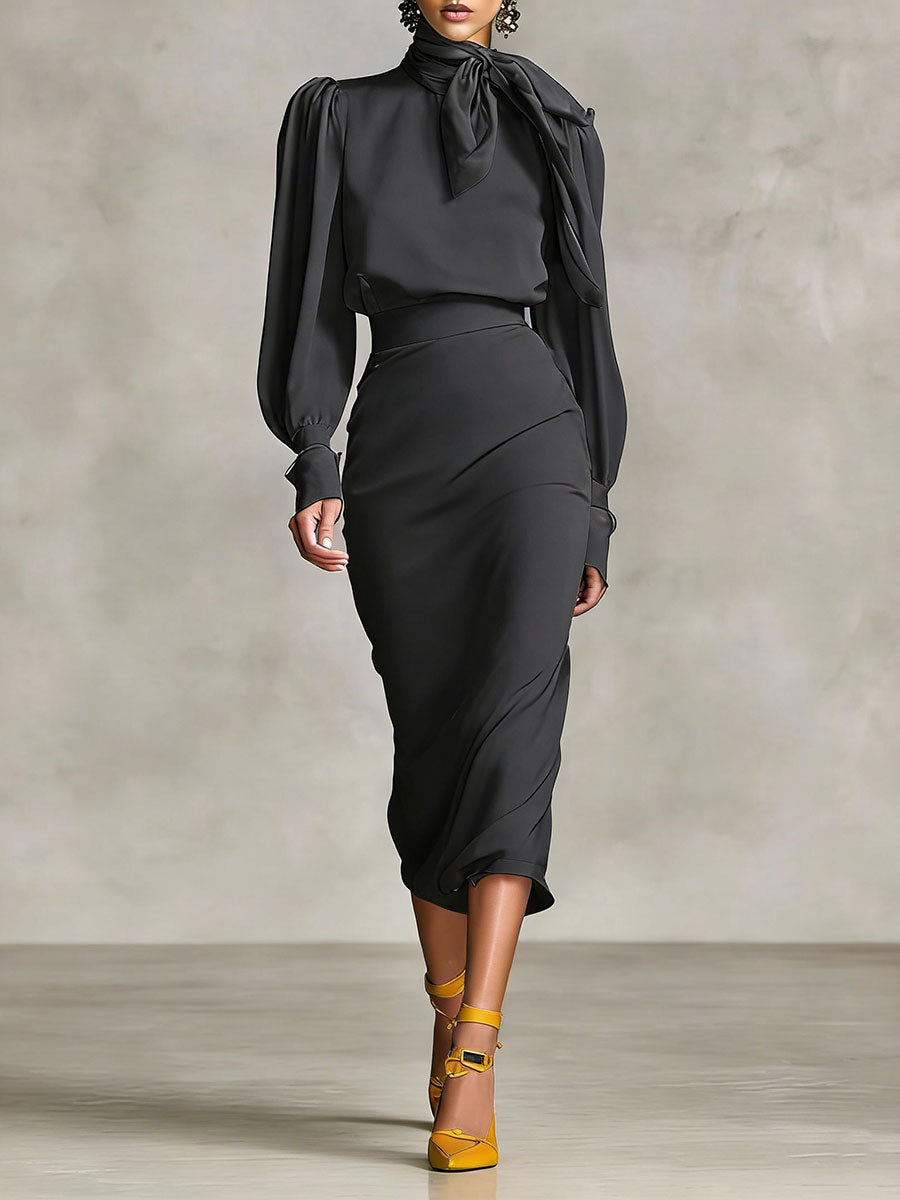 Women's Retro-style Tie-waist Long-sleeved Stand Collar Comfortable Minimalist Dress