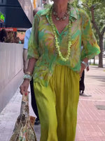 Cozy And Flowy Printed Silk-blend Shirt And Solid-color Trousers Two-piece Set