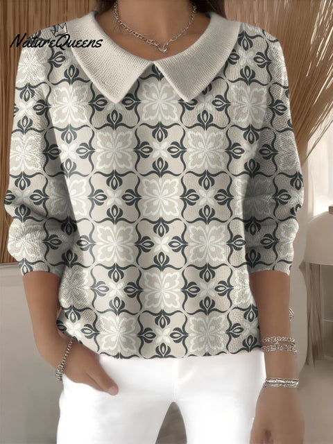 Simple line painting decorative pattern Casual Peter Pan Collar Sweater