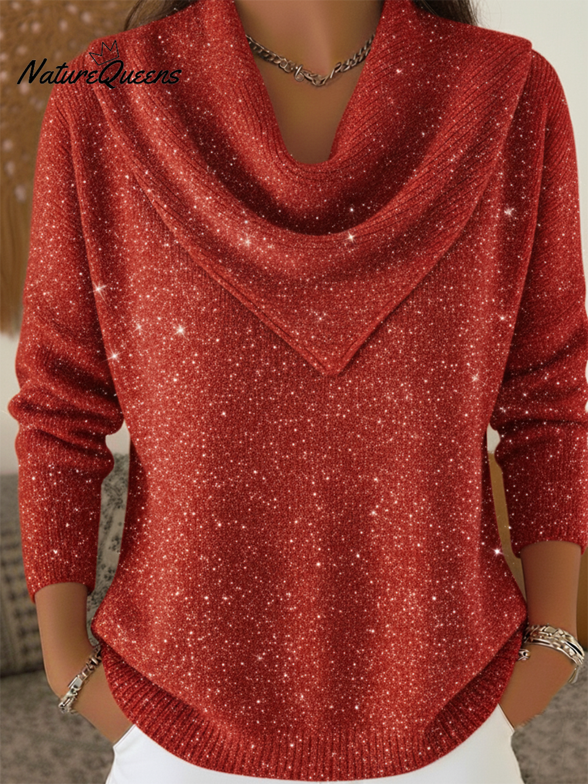 Vintage Soft Triangle Neck Sequined Shiny Sweater Top