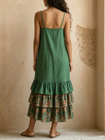 Vestido largo de mujer con tirantes, volantes multicapa y bolsillos