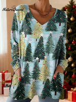 Women's Christmas Tree Pattern Art Print Casual Cotton T-shirt
