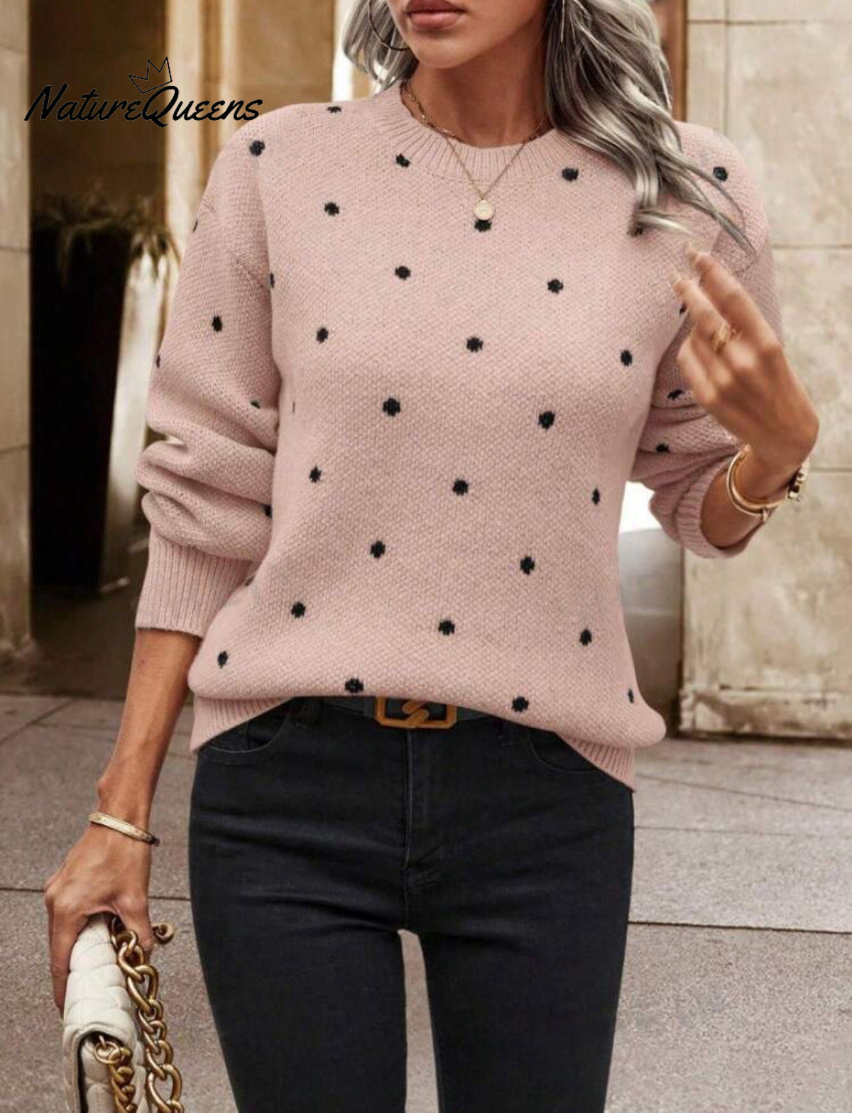 Women's Polka Dot Casual Round Neck Knit Long-sleeved Sweater