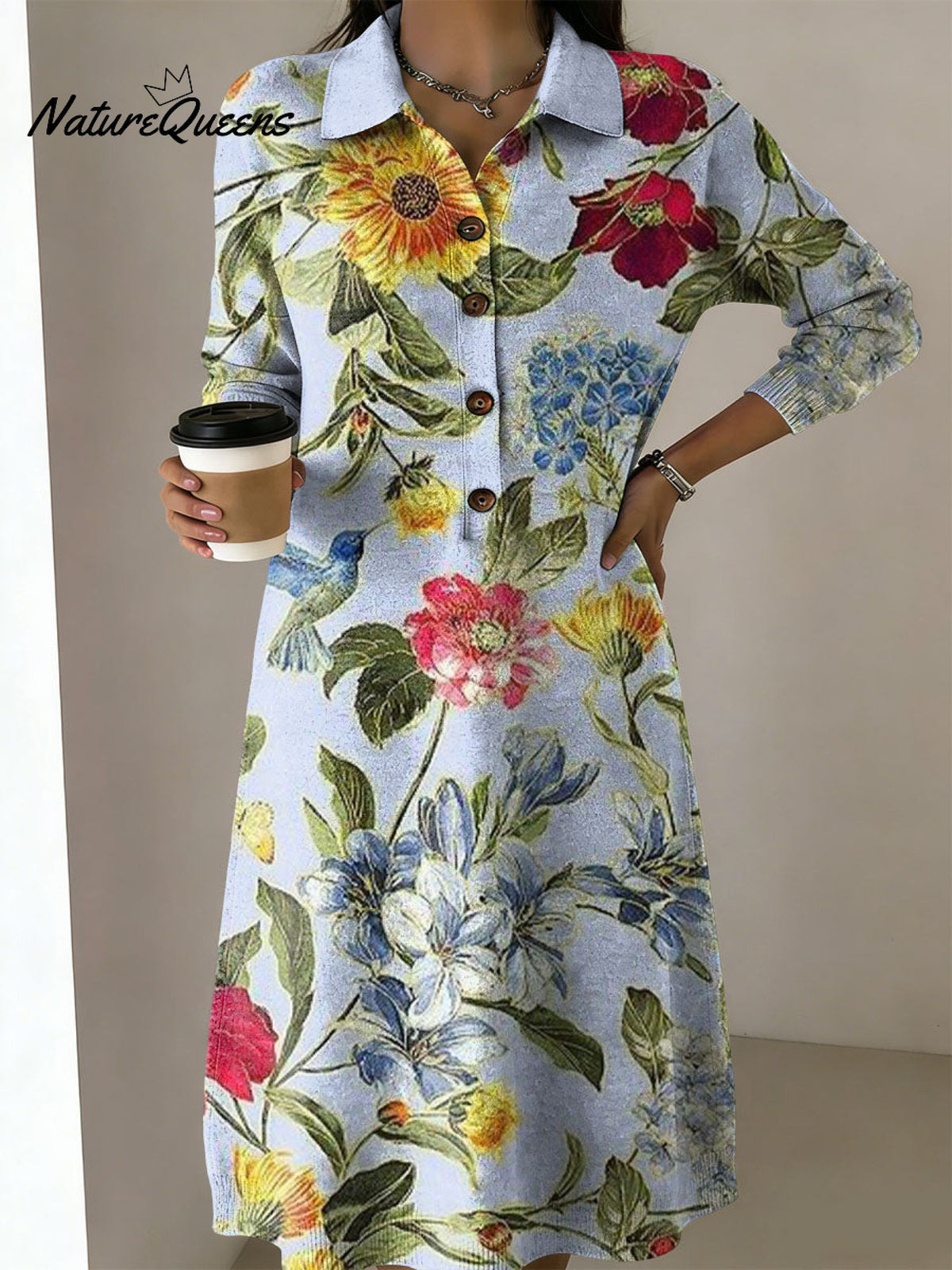 Elegant Floral Decorative Patterns Women's Casual Shirt Collar Long Sleeve Dress