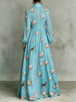 Classic Floral & Horse Print Dress — Featuring A Turn-down Collar, Cinched Waist, And Flared Skirt
