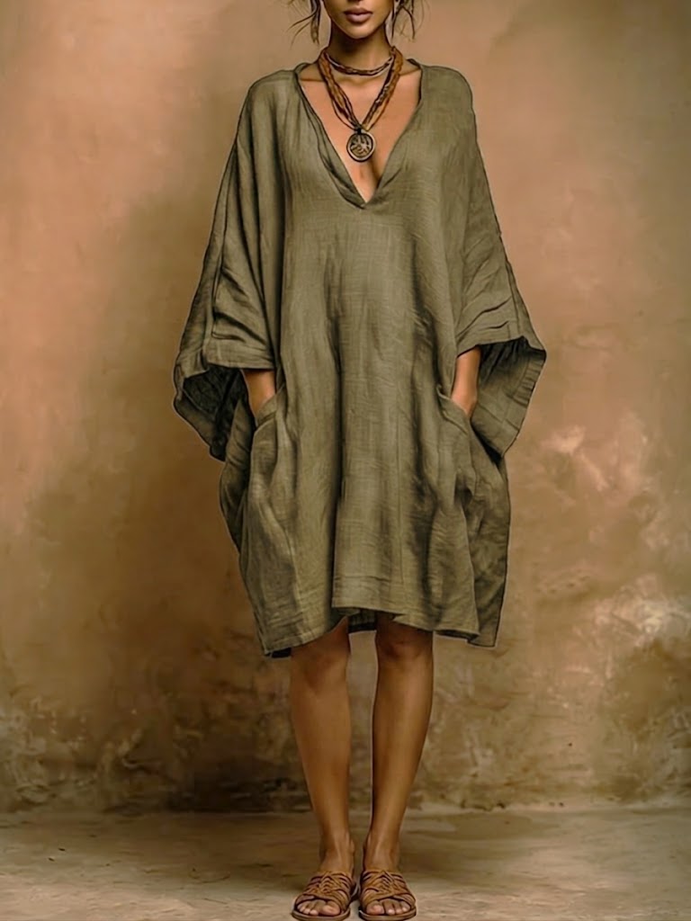 Loose Fit Casual Linen And Cotton Dress | Nature Queens