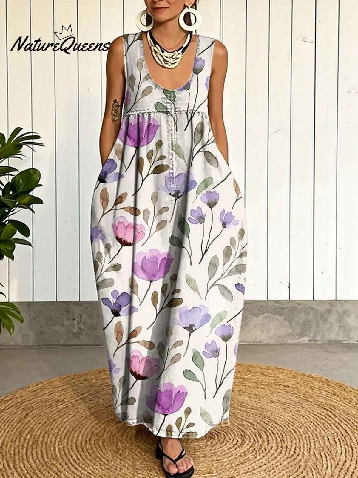 Women's Floral Pattern Art Print Casual Cotton Denim Dress