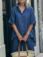 Casual Denim Irregular Hem Shirt And Wide-leg Pants Two-piece Set