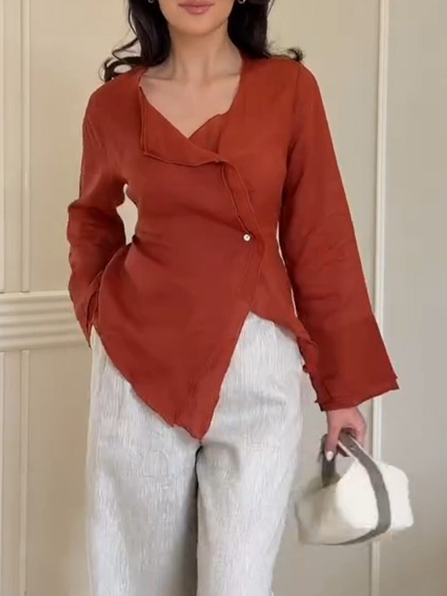 Women's Solid-color V-neck Long-sleeve Casual Loose Cotton-linen Top