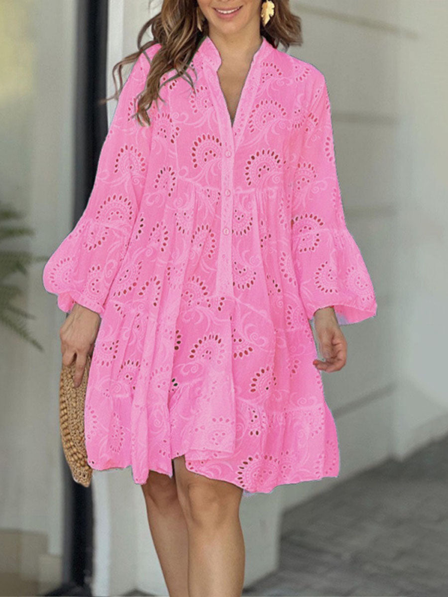 Women's Solid-color V-neck Loose-fit Dress With Embroidery And Cutout Lace