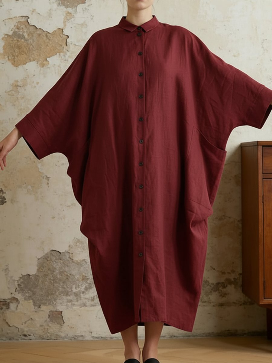 Casual Batwing Sleeve Cotton And Linen Dress