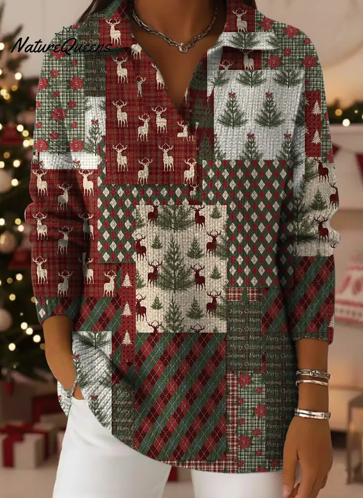 Women's VintageChristmasArt Print Casual Sweater