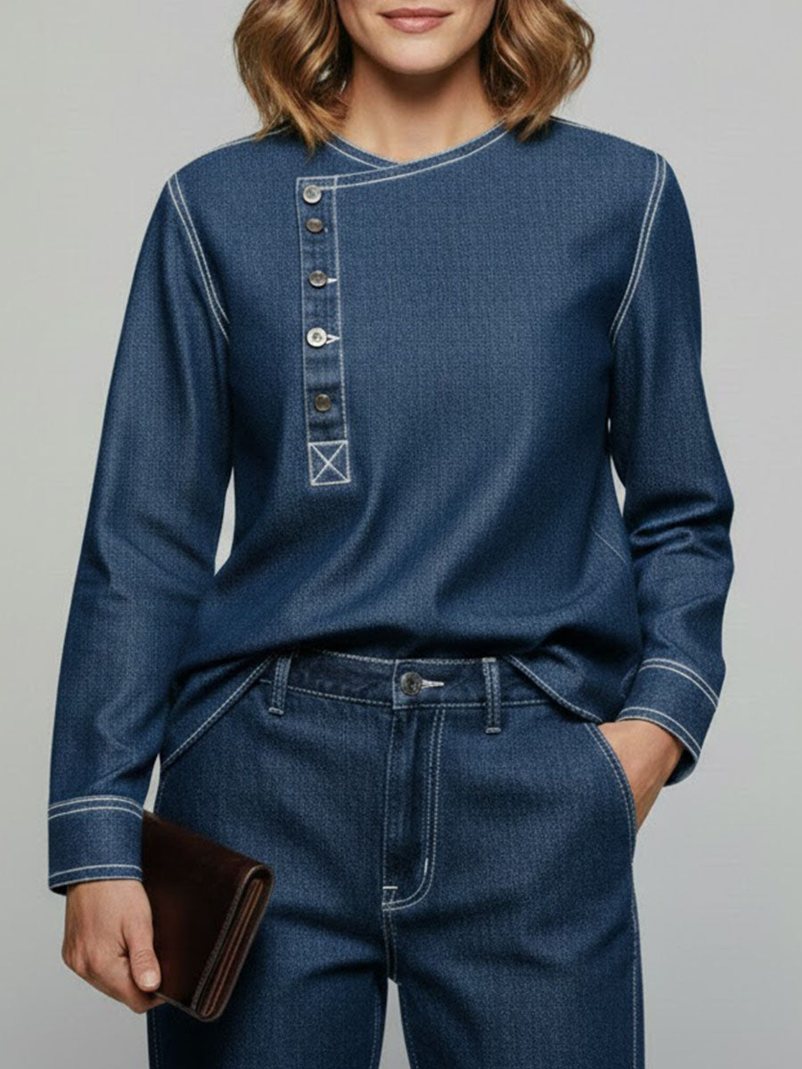 Women's Round Neck Long-sleeved Loose-fitting Casual Denim Top