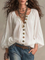 Women's Loose-fit Casual Crew-neck Long-sleeve Shirt
