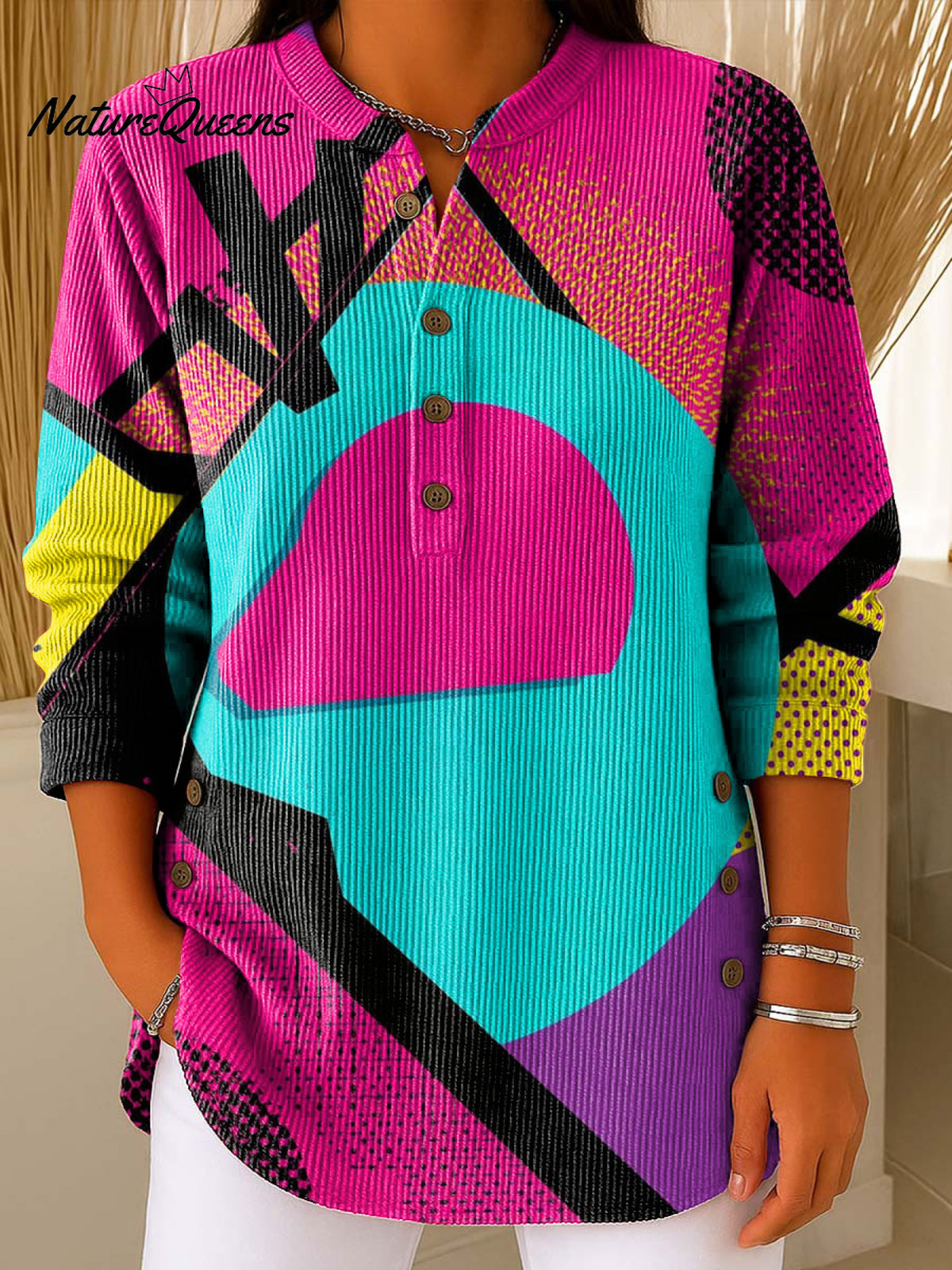 Geometry Color Block Art Pattern Polo Collar Shiny Loose Sweater Top