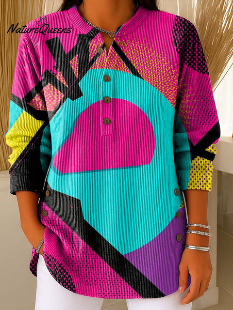 Geometry Color Block Art Pattern Polo Collar Shiny Loose Sweater Top