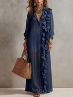 Women's Solid-Color Collared Long-Sleeve Casual Loose Cotton-Linen Dress with Ruffles