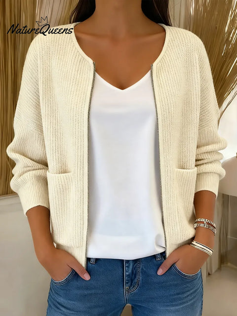 Women's Solid Color Round Neck Long Sleeve Casual Loose Knit Cardigan