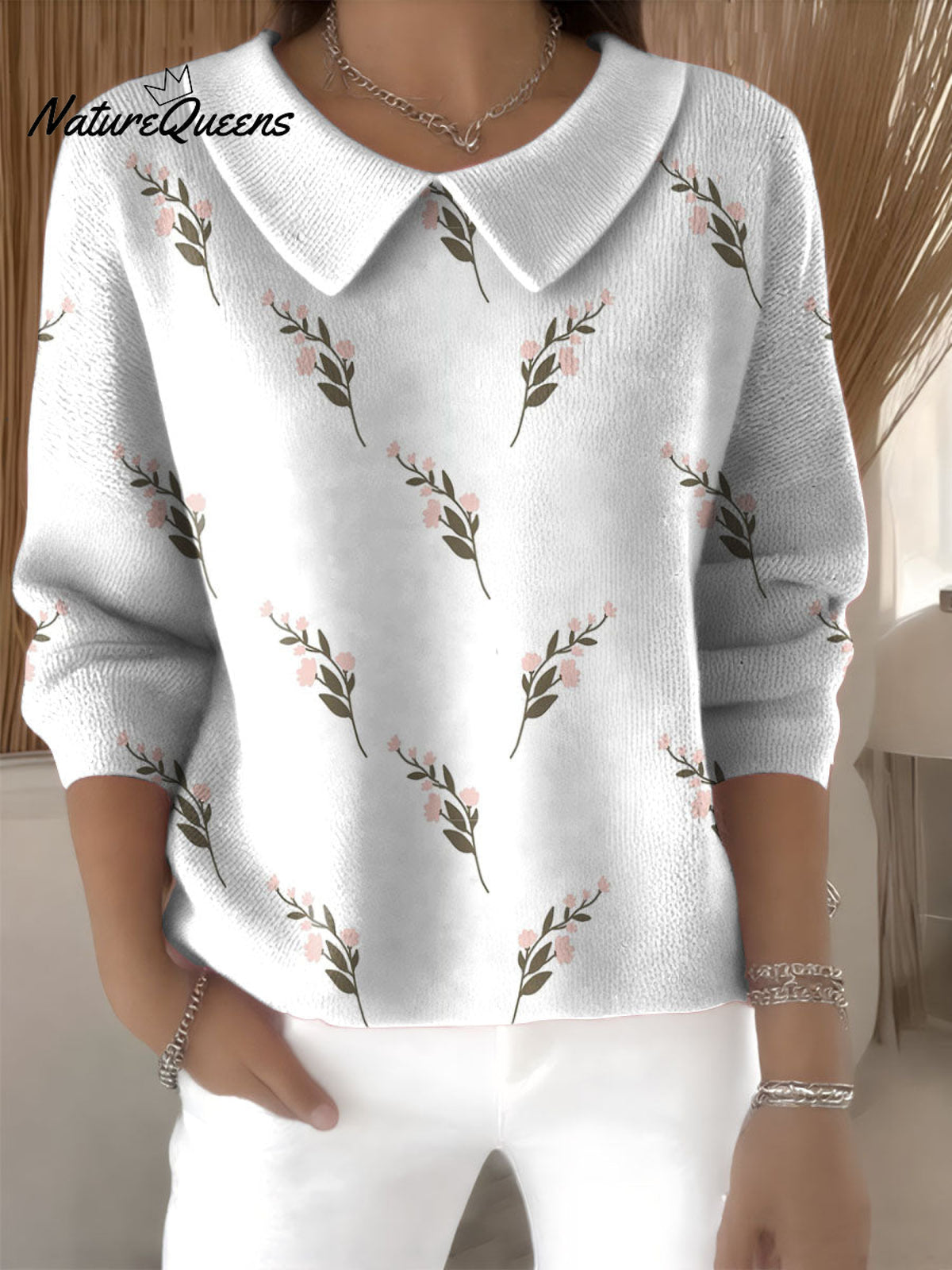 Simple And Elegant Floral Decorative Patterns Women's Casual Peter Pan Collar 3/4 Sleeve Sweater