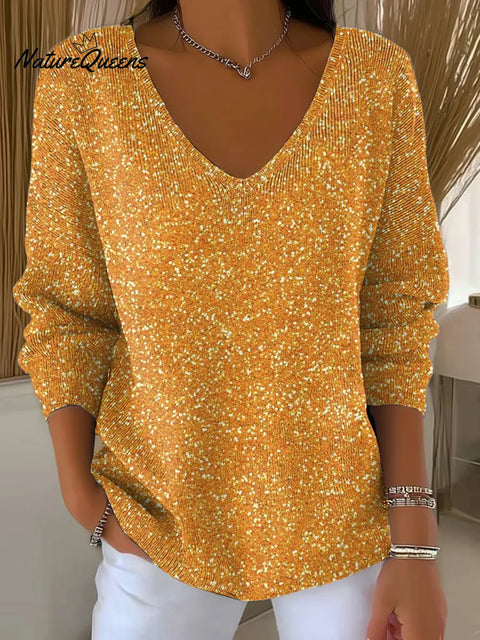 Women's Shiny Pattern Art Print Casual V-Neck Sweater