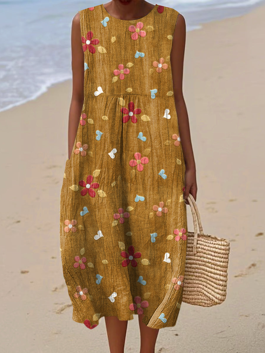 Women's Vintage Flower Art Print Sleeveless Cotton Pocket Wrap Dress