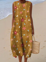 Women's Vintage Flower Art Print Sleeveless Cotton Pocket Wrap Dress