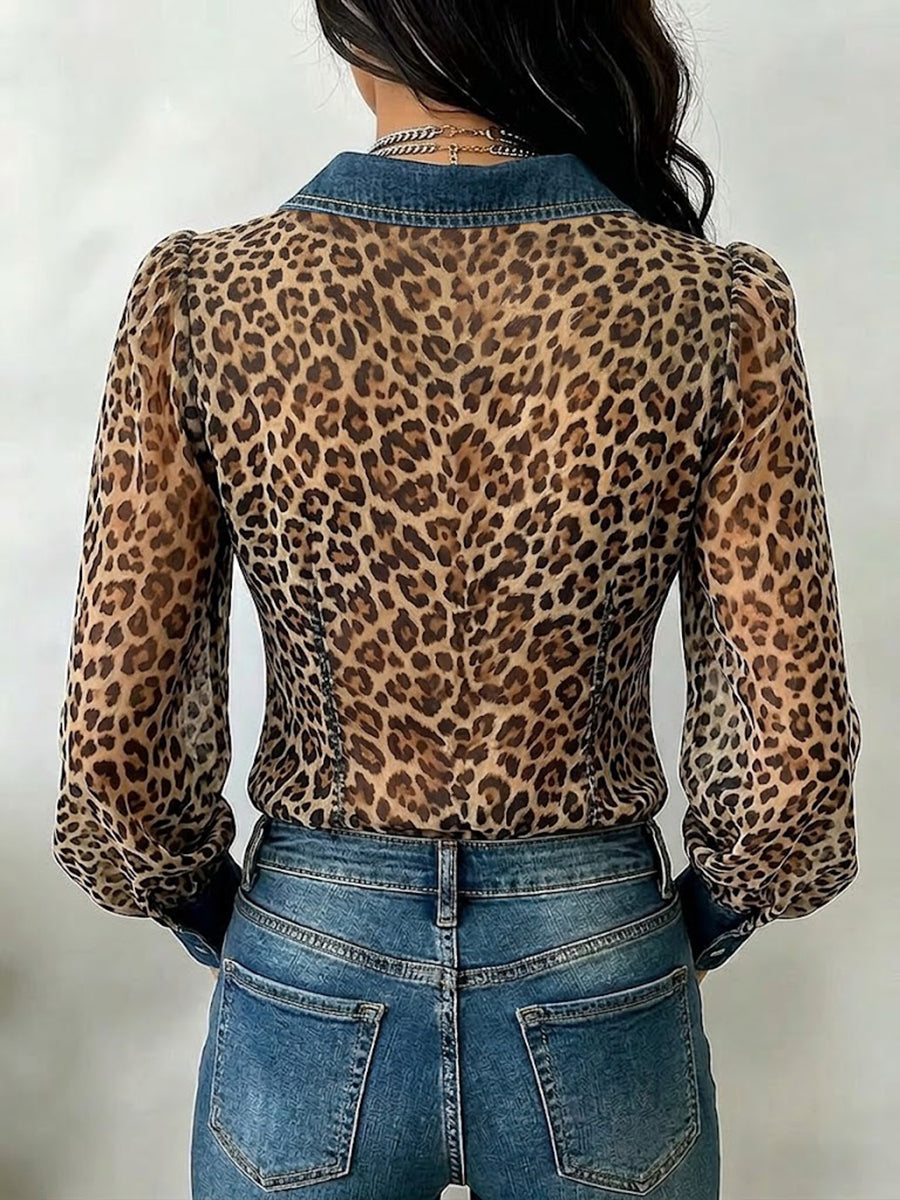 Casual & Stylish Spliced denim And Leopard Print Shirt