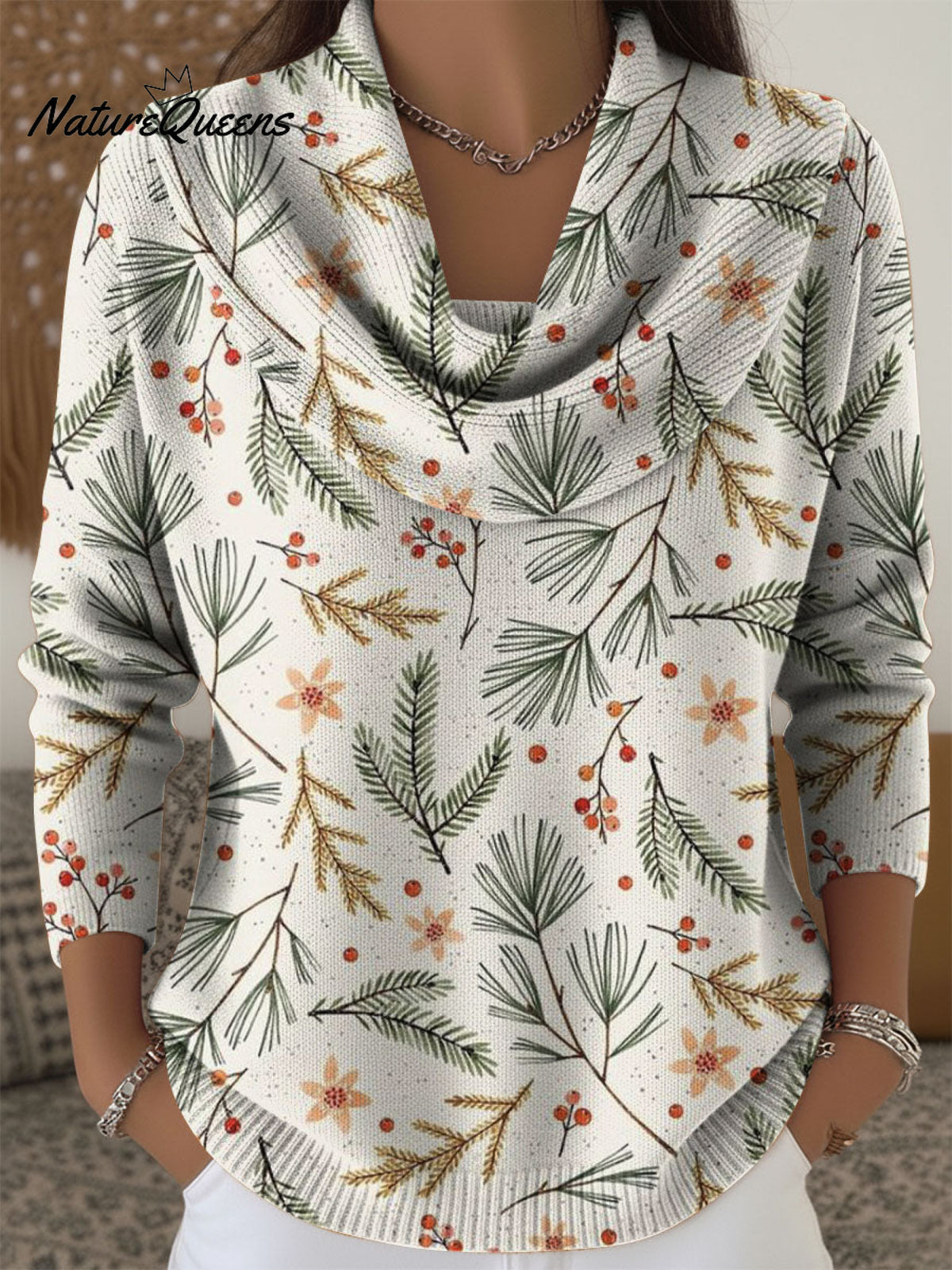 Women's Winter Plant Decorative Patterns Casual Swing Collar Long Sleeve Sweater