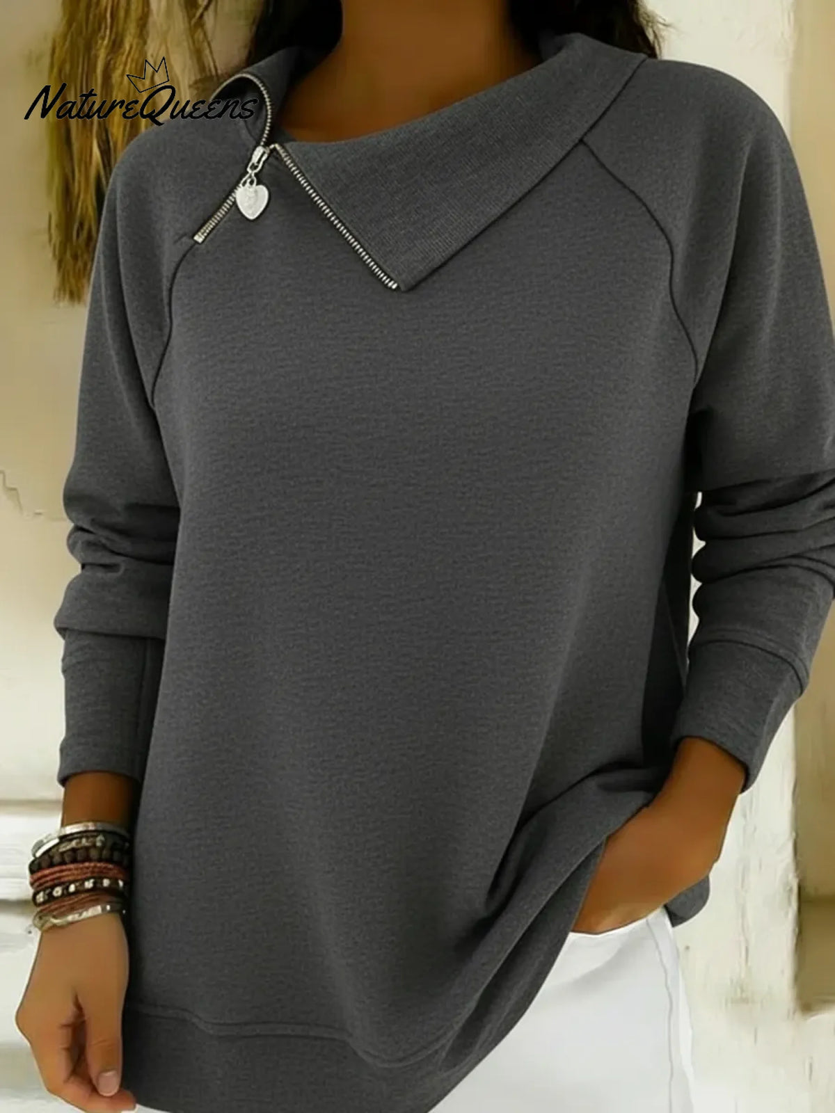 Casual Retro-style Collared Zip-up Sweatshirt