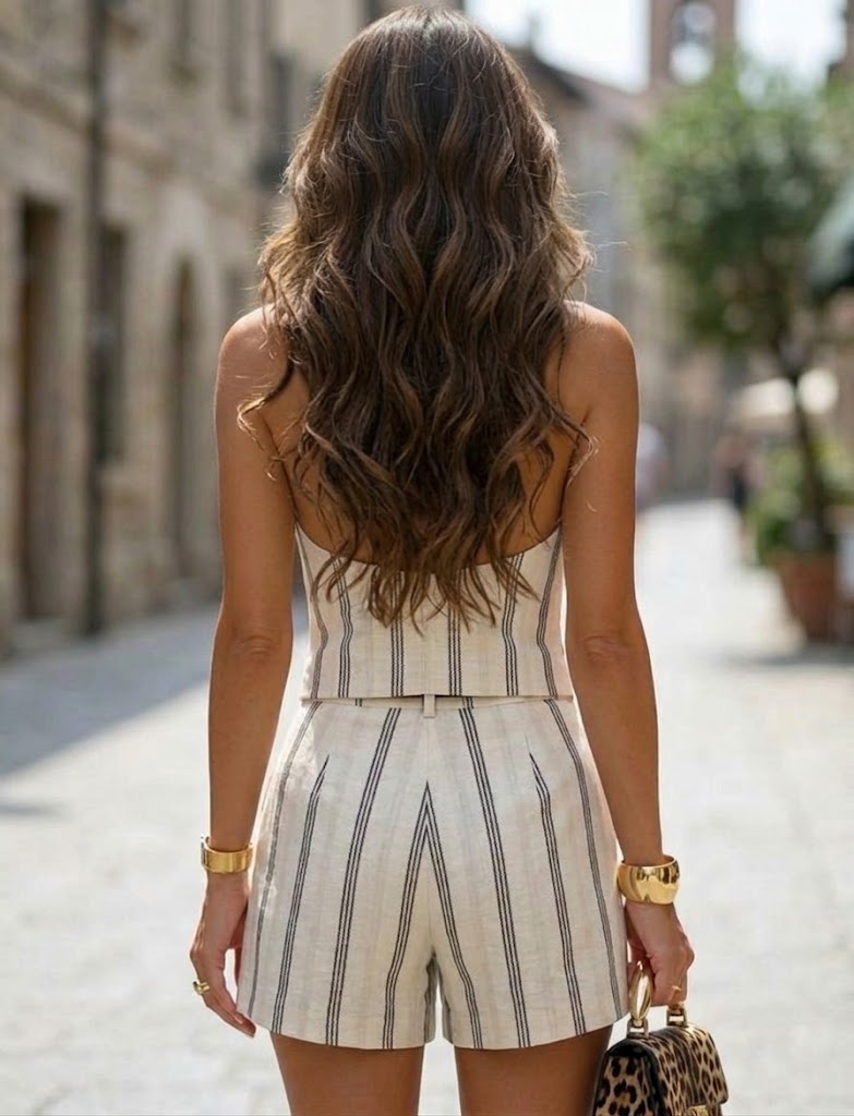 Stylish And Elegant Striped Linen-cotton Vest And Shorts Two-piece Set