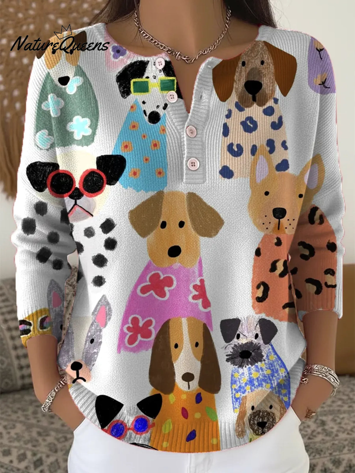 Women's Vintage Funny Dog Art Print Buttoned Cardigan Sweater