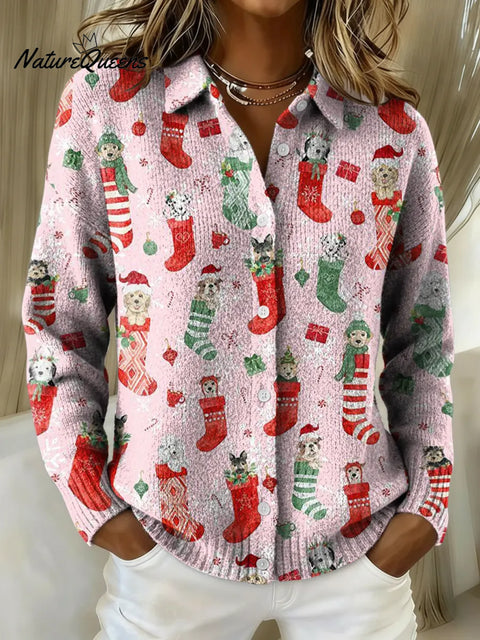 Women's Christmas Cute Puppy Print Printed Collared Sweater