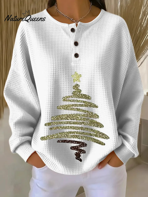 Women's Christmas Tree Pattern Art Print Casual Waffle Sweatshirt