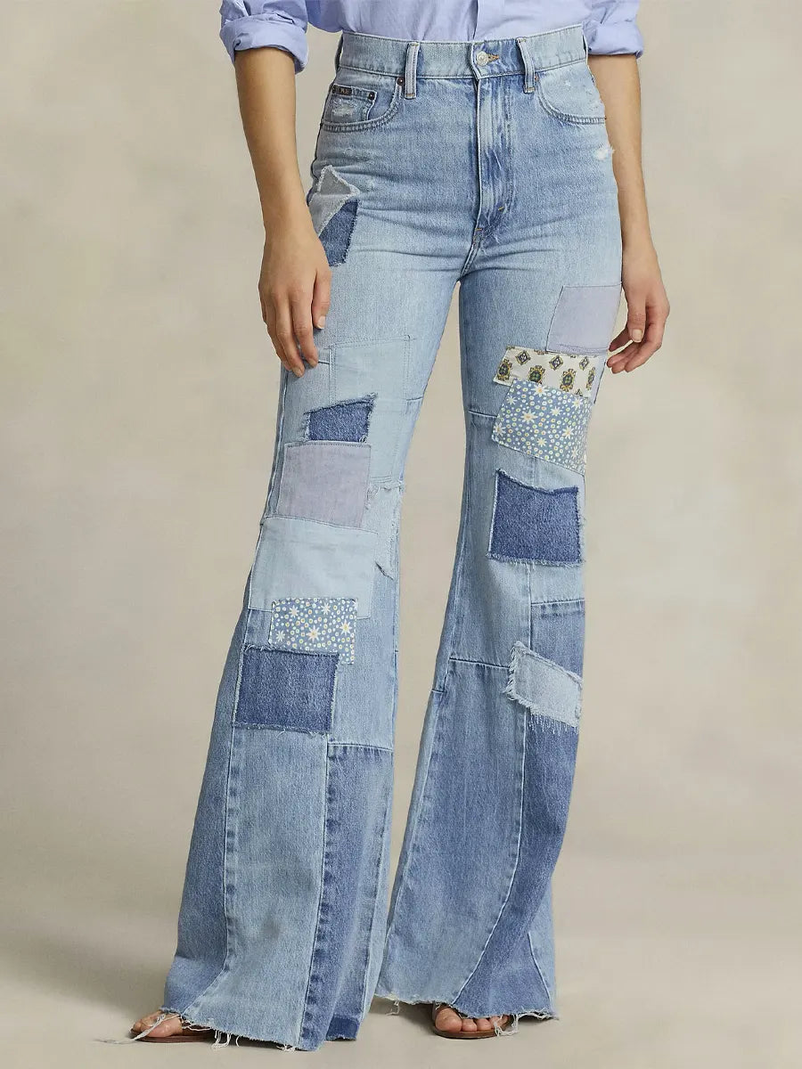 Women's Vintage Pattern Art Print Casual Cotton Denim Jeans