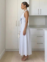 Women's Halter Dress With Blue Stripes And Bow Decoration