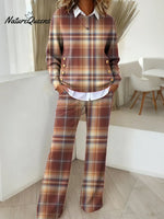 Women's Plaid Pattern Art Print Casual Cotton Knitted Suits