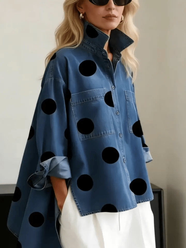Elegant Artistic Polka Dot Print Stand-collar Denim Top