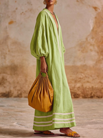 Artistic Line Color Block Loose Lantern Sleeve Maxi Dress