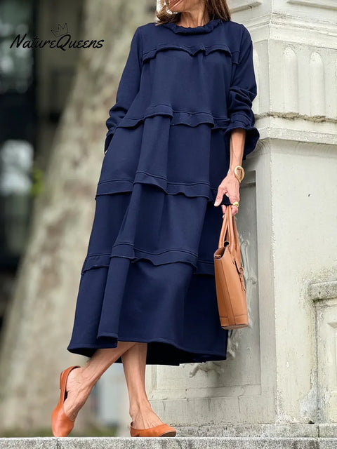 Women's Solid Color Round Neck Long Sleeve A-line Dress With Ruffles