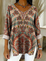 Women's Retro Gradient Ethnic Art Patterns Casual Washed Denim Cotton Top