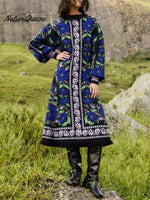 Women's Retro Floral Ethnic Print Stand Collar Long Sleeve Casual Loose Knit Dress