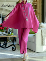 Women's Solid Color Stand-up Collar Batwing Sleeve Casual Loose Cotton And Linen Top And High-waisted Loose Wide-leg Pants Set