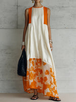 Women's Casual Loose Cotton-linen Dress — Crew Neck Sleeveless Placement Print
