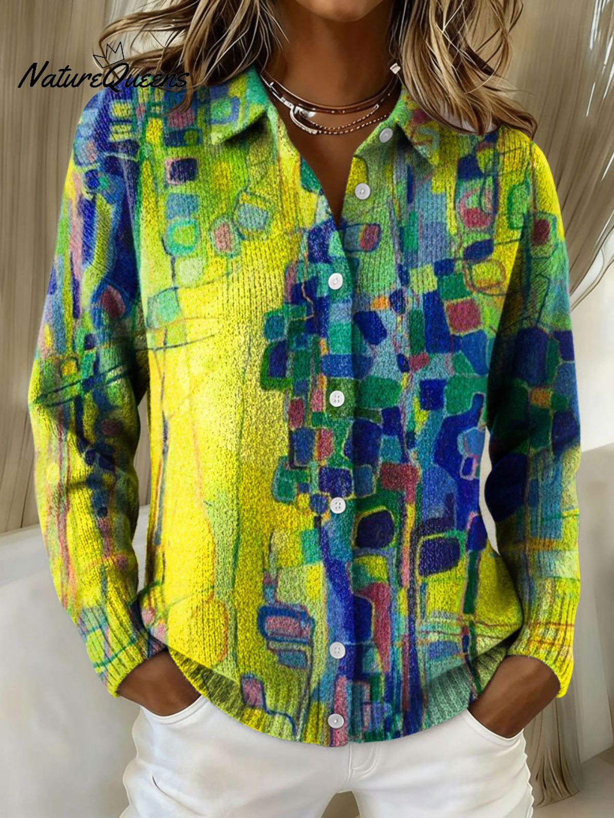 Women's Retro Patchwork Geometric Abstract Pattern Art Print Cowl Neck Sweater