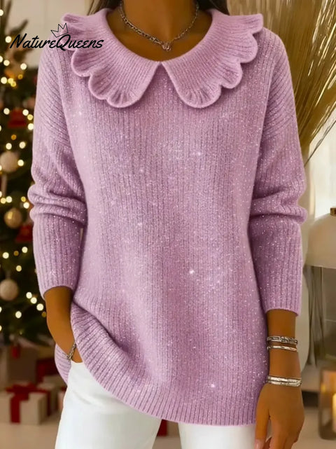 Women's Solid Color Peter Pan Collar Long-sleeved Casual Loose Knit Sweater