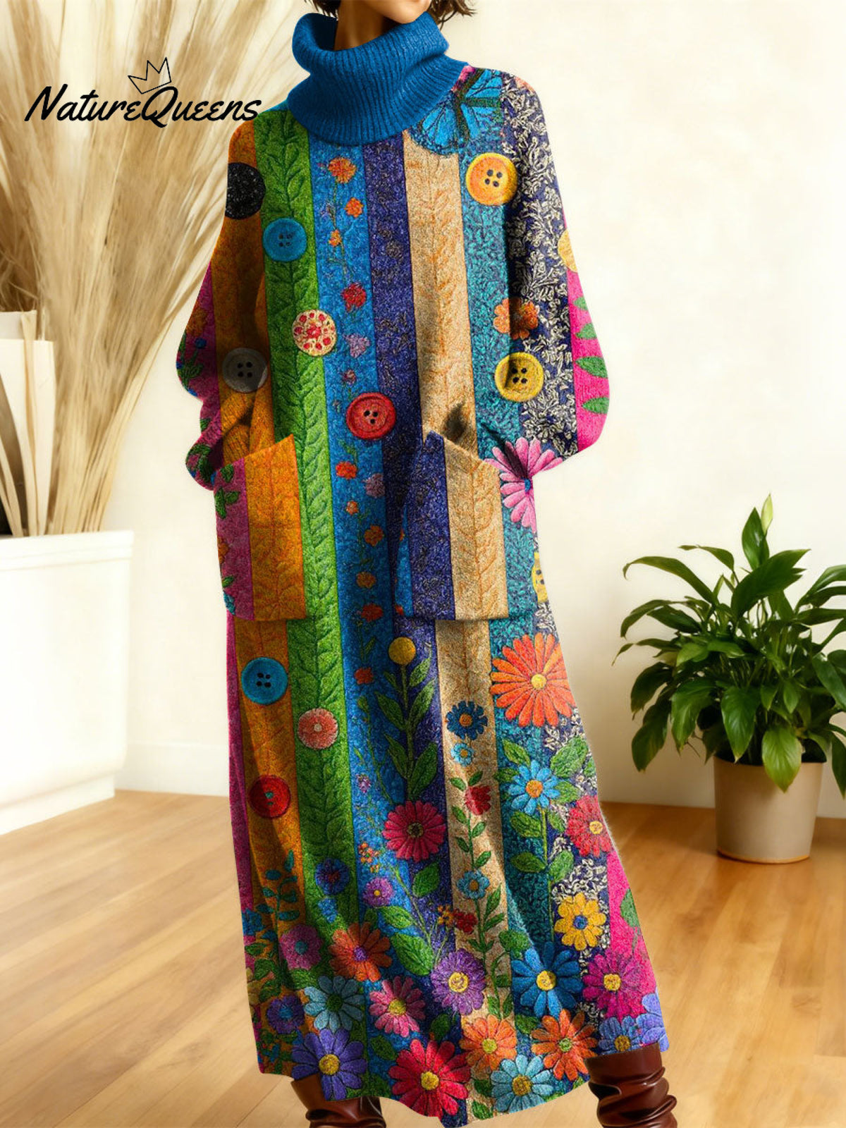 Women's Retro Flowers High-neck Long-sleeve Casual Loose Knit Dress