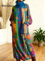 Women's Retro Flowers High-neck Long-sleeve Casual Loose Knit Dress